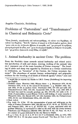 Problems of "Pastoralism" and "Transhumance" in Classical and Hellenistic Crete*