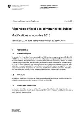 Répertoire Officiel Des Communes De Suisse Modifications Annoncées 2016