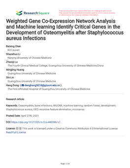 Weighted Gene Co-Expression Network Analysis and Machine Learning Identify Critical Genes in the Development of Osteomyelitis After Staphylococcus Aureus Infections