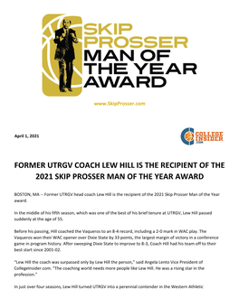 Former Utrgv Coach Lew Hill Is the Recipient of the 2021 Skip Prosser