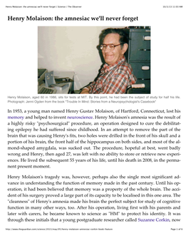 Henry Molaison: the Amnesiac We'll Never Forget | Science | the Observer 10/3/13 11:03 AM