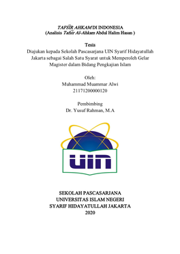 Tesis Diajukan Kepada Sekolah Pascasarjana UIN Syarif Hidayatullah Jakarta Sebagai Salah Satu Syarat Untuk Memperoleh Gelar Magister Dalam Bidang Pengkajian Islam