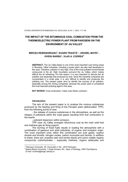 The Impact of the Bituminous Coal Combustion from the Thermoelectric Power Plant from Paro¯Eni on the Environment of Jiu Valley