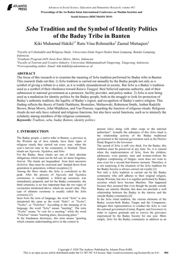 Seba Tradition and the Symbol of Identity Politics of the Baduy Tribe in Banten Kiki Muhamad Hakiki1* Ratu Vina Rohmatika2 Zaenal Muttaqien3