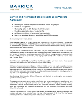 Barrick and Newmont Forge Nevada Joint Venture Agreement