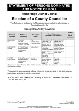 Election of a County Councillor the Following Is a Statement of the Persons Nominated for Election As a County Councillor for Broughton Astley Division