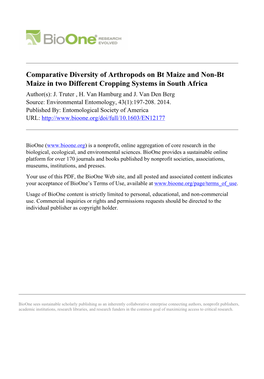 Comparative Diversity of Arthropods on Bt Maize and Non-Bt Maize in Two Different Cropping Systems in South Africa Author(S): J