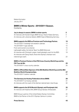 BMW in Winter Sports – 2010/2011 Season. Contents