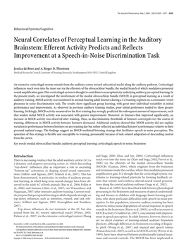 Neural Correlates of Perceptual Learning in the Auditory Brainstem: Efferent Activity Predicts and Reflects Improvement at a Speech-In-Noise Discrimination Task