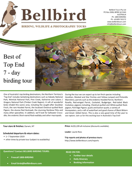 Best of Top End 7-Day Birding Tour 2019 Bellbird Tours Pty Ltd PO Box 2008, BERRI SA 5343 AUSTRALIA Ph