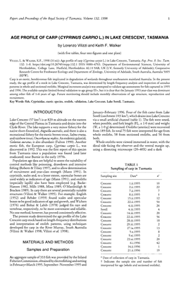 Age Profile of Carp (Cypr/Nus Carpio L.) in Lake Crescent, Tasmania