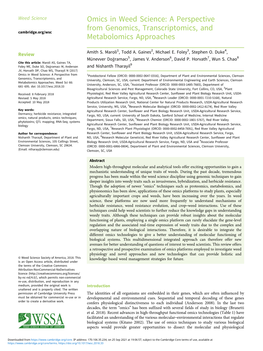 Omics in Weed Science: a Perspective from Genomics, Transcriptomics, and Cambridge.Org/Wsc Metabolomics Approaches