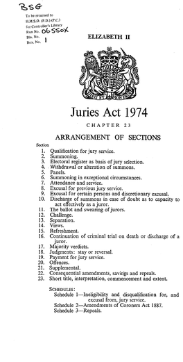 Juries Act 1974 CHAPTER 23 ARRANGEMENT of SECTIONS Section 1