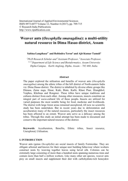 Weaver Ants (Oecophylla Smaragdina ): a Multi-Utility Natural Resource In