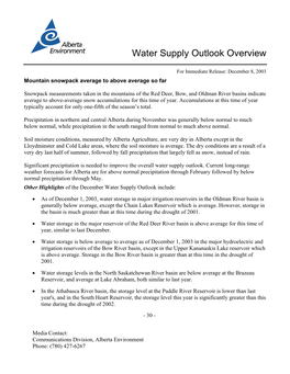 Water Supply Outlook Overview