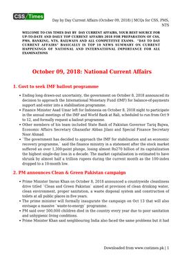 Day by Day Current Affairs (October 09, 2018) | Mcqs for CSS, PMS, NTS