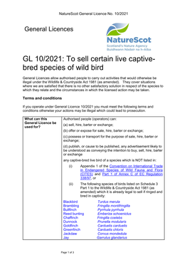 To Sell Certain Live Captive- Bred Species of Wild Bird