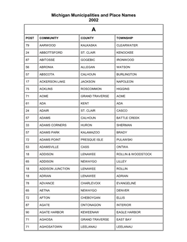 Michigan Municipalities and Place Names, 2002