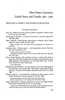 Place-Name Literature, United States and Canada 1961ÂŒ1962