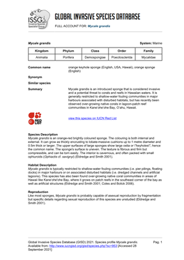 Mycale Grandis Global Invasive Species Database (GISD)