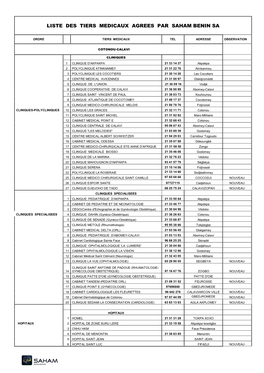 Liste Des Tiers Medicaux Agrees Par Saham Benin Sa