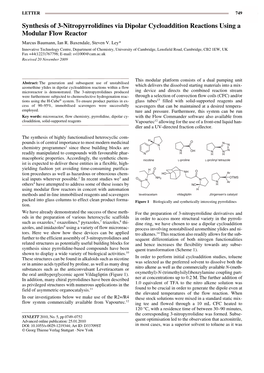 Synthesis of 3-Nitropyrrolidines Via Dipolar Cycloaddition Reactions Using a Modular Flow Reactor Synthesismarcus of 3-Nitropyrrolidines Baumann, Ian R