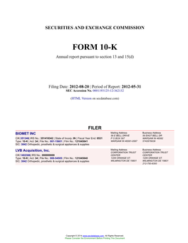 BIOMET INC Form 10-K Annual Report Filed 2012-08-20