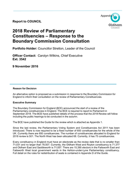 2018 Review of Parliamentary Constituencies – Response to the Boundary Commission Consultation