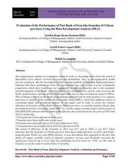 Evaluation of the Performance of Post Bank of Iran (The Branches of Tehran Province) Using the Data Envelopment Analysis (DEA)
