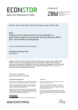 Financing Micro-Entrepreneurs for Poverty Alleviation: a Performance Analysis of Microfinance Services Offered by BRAC, ASA, and Proshika from Bangladesh