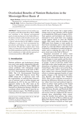 Overlooked Benefits of Nutrient Reductions in the Mississippi River Basin S Bryan Parthum National Center for Environmental Economics, U.S