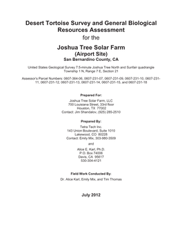 Desert Tortoise Survey and General Biological Resources Assessment for the Joshua Tree Solar Farm (Airport Site) San Bernardino County, CA