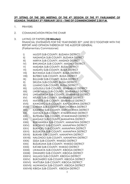 3Rd Sitting of the 3Rd Meeting of the 4Th Session of the 9Th Parliament of Uganda: Thursday 5Th February 2015 – Time of Commencement 2.00 P.M