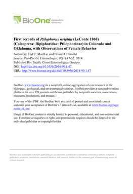 Coleoptera: Ripiphoridae: Ptilophorinae) in Colorado and Oklahoma, with Observations of Female Behavior Author(S): Ted C