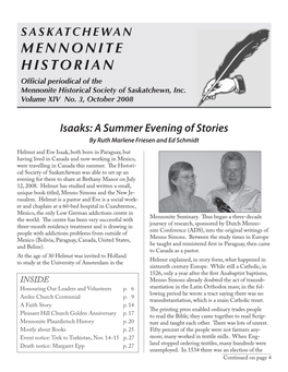 Saskatchewan Mennonite Historian from the Editor’S Desk Saskatchewan by Victoria Neufeldt Mennonite Historian Volume XIV No