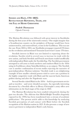 Sweden and Haiti, 1791–1825: Revolutionary Reporting, Trade, and the Fall of Henry Christophe Fredrik Thomasson Uppsala University