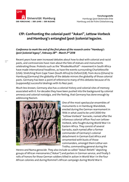 Cfp: Confronting the Colonial Past! “Askari”, Lettow-Vorbeck and Hamburg’S Entangled (Post-)Colonial Legacies