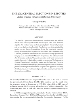 THE 2012 GENERAL ELECTIONS in LESOTHO a Step Towards the Consolidation of Democracy