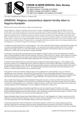 ARMENIA: Religious Conscientious Objector Forcibly Taken to Nagorno-Karabakh