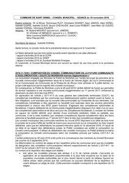 COMMUNE DE SAINT ARMEL - CONSEIL MUNICIPAL – SEANCE Du 19 Novembre 2016