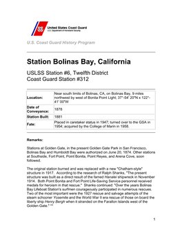 Station Bolinas Bay, California USLSS Station #6, Twelfth District Coast Guard Station #312