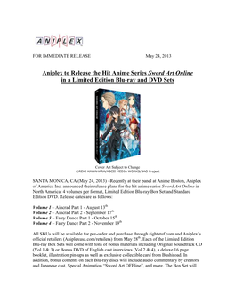 Aniplex to Release the Hit Anime Series Sword Art Online in a Limited Edition Blu-Ray and DVD Sets