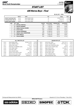 START LIST 400 Metres Boys - Final