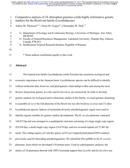 Comparative Analysis of 24 Chloroplast Genomes Yields Highly Informative Genetic 2 Markers for the Brazil Nut Family (Lecythidaceae) 3 4 Ashley M