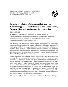 Zermatt-Saas Zone and Combin Zone, Western Alps) and Implications for Exhumation Mechanism J