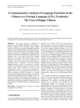 A Communicative Analysis of Language Functions in the Chinese As a Foreign Language (CFL) Textbooks: the Case of Happy Chinese