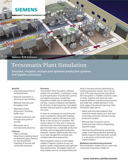 Tecnomatix Plant Simulation Simulate, Visualize, Analyze and Optimize Production Systems and Logistics Processes