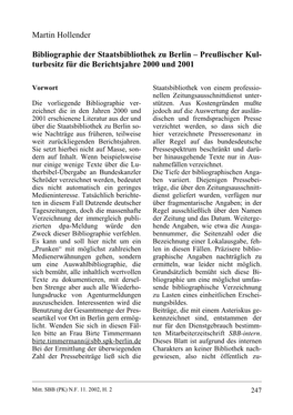 Martin Hollender Bibliographie Der Staatsbibliothek Zu Berlin – Preußischer Kul- Turbesitz Für Die Berichtsjahre 2000 Und 20