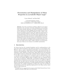 Presentation and Manipulation of Mizar Properties in an Isabelle Object Logic?