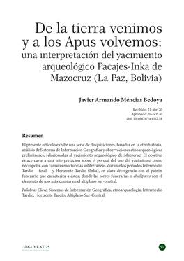 De La Tierra Venimos Y a Los Apus Volvemos: Una Interpretación Del Yacimiento Arqueológico Pacajes-Inka De Mazocruz (La Paz, Bolivia)